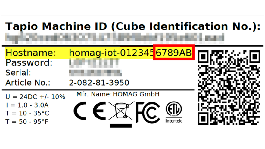 The MAC address can be found on the back of the HOMAG CUBE.