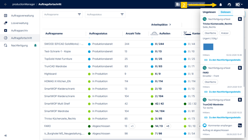 Der Reiter Auftragsfortschritt (1) sowie die Benachrichtigungen (2) werden alle 60 Sekunden automatisch aktualisiert. Der Reiter Auftragsfortschritt (1) sowie die Benachrichtigungen (2) werden alle 60 Sekunden automatisch aktualisiert.