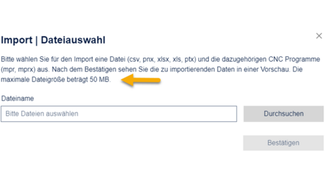 Increase of the maximum file size for the import of parts