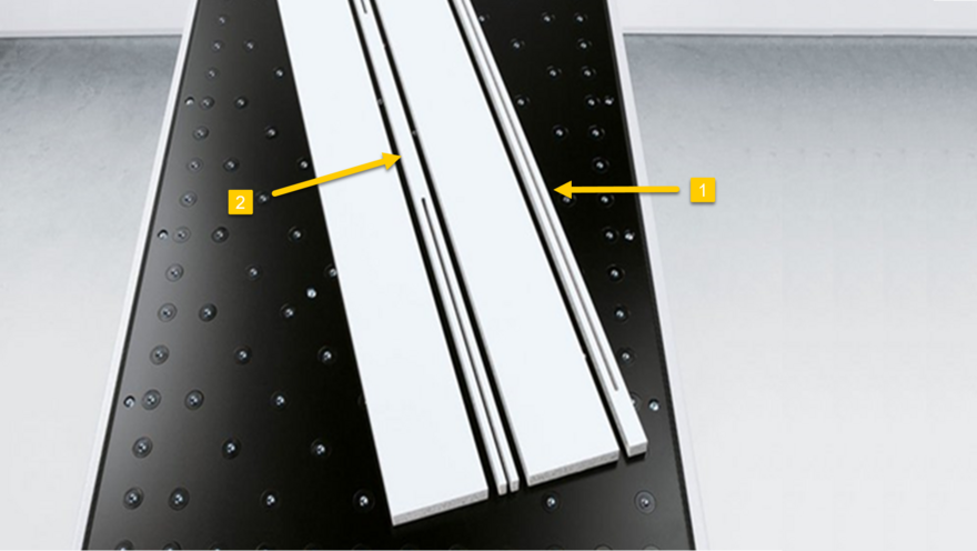 Tension trim types: slot centered between strips (1) and bridge centered between strips (2)