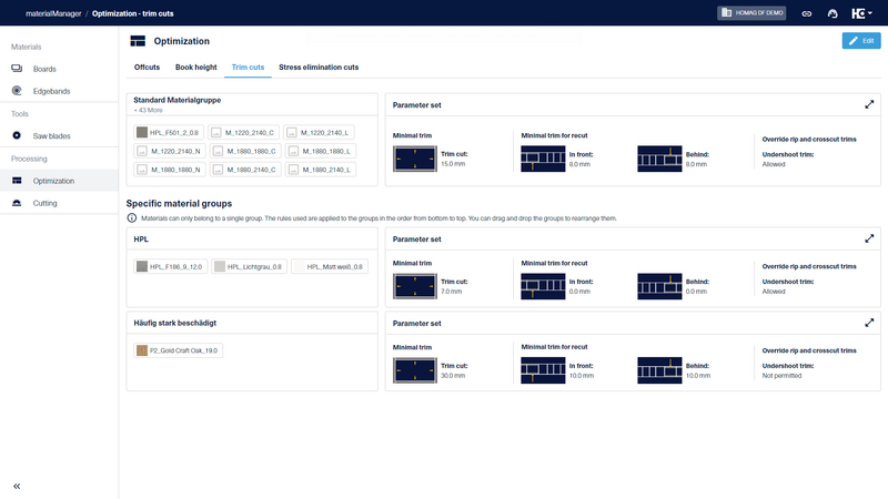 In the “Optimization” section of the materialManager, you have the option of creating material groups for optimization parameters for Trim cuts and specifying corresponding parameters.