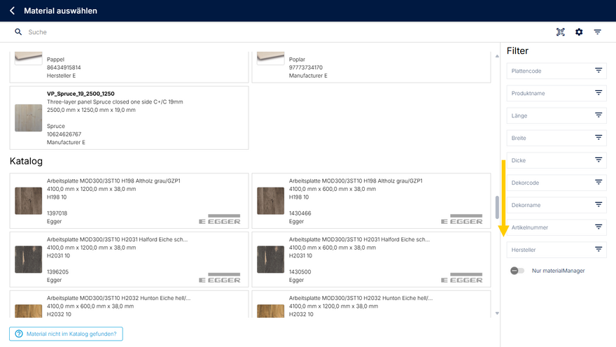 Auswahl des Materialtyps aus dem Herstellerkatalog