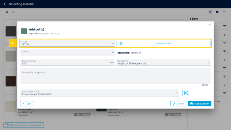 Storage dialog for edgebands