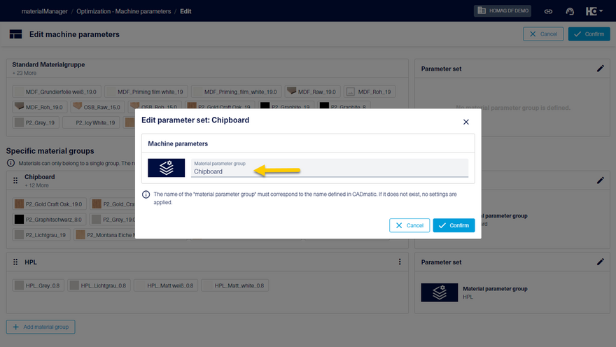 Saving the set material parameters from CADmatic for a material group