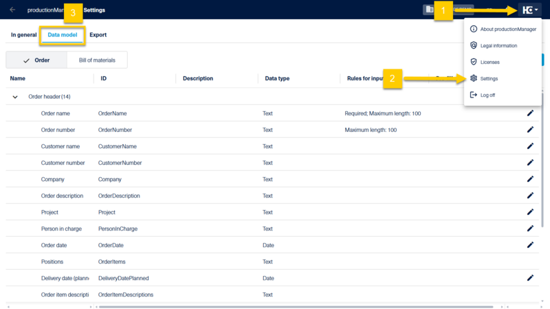 The data model settings (3) can be found under the settings (2) in the HOMAG menu (1).