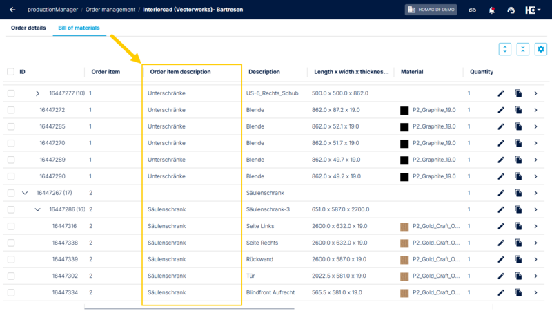 The new property 'Order item description' is now available and can be used at bill of material level.