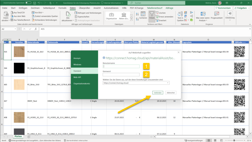 Um Excel mit der jeweiligen Anwendung zu verbinden, muss als Benutzername die SubscriptionId und als Kennwort der Autorisierungsschlüssel eingegeben werden.