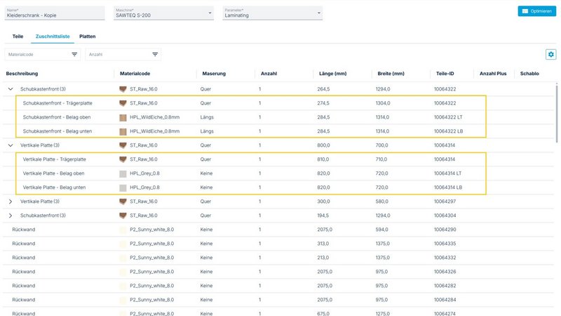 Darstellung der zusätzlichen Laminat-Bauteile in der Zuschnittliste. Darstellung der zusätzlichen Laminat-Bauteile in der Zuschnittliste.