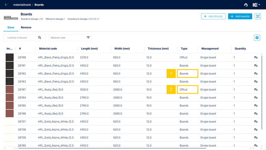 Differentiation between offcuts and whole boards within materialAssist