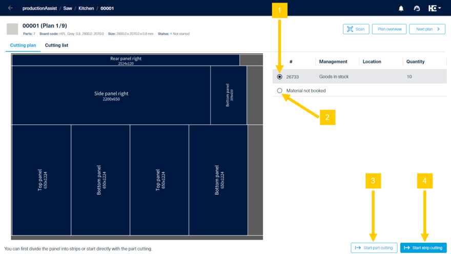 Selection of a board/offcut from the materialAssist boards before starting strip or part cutting.