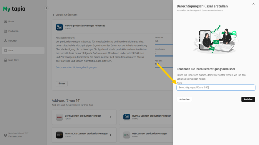 Vergeben Sie einen Namen und erstellen Sie anschließend den Berechtigungsschlüssel.