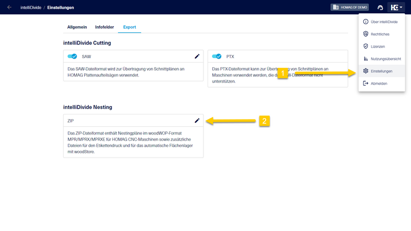 Die Export-Einstellungen (2) für die ZIP-Datei können über das HOMAG-Menü (1) aufgerufen werden.