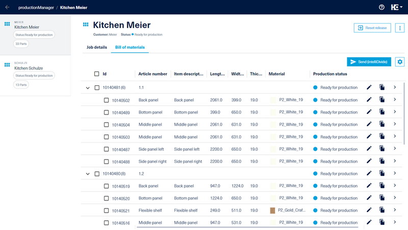 Display of the bill of materials in productionManager per customer order.