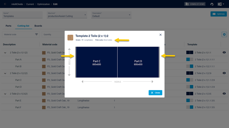 If the "Short sides" option is selected, trims are added to the short sides of the template accordingly.