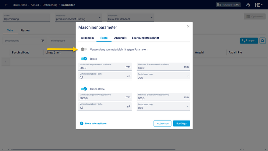 Aktivierung der Verwendung von materialabhängigen Parametern