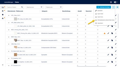 Mit einem Klick auf "Mindestbestand unterschritten (xslx)"  kann die Datei runtergeladen werden