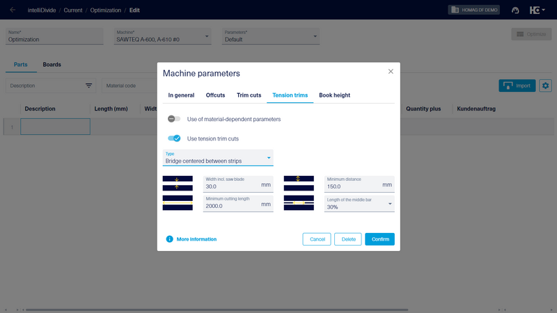 Select the type “Bridge centered between strips” in the machine parameters. The length of the center bridge can be defined as an additional parameter.