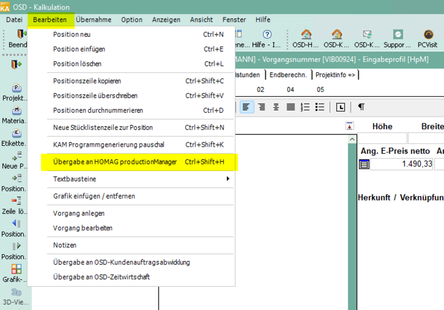 Transfer to HOMAG productionManager in OSD.