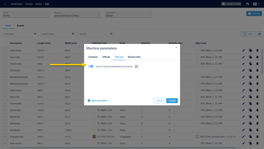 Activate material-dependent parameters