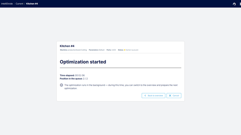 Detailed view of a started optimization showing queue position and automatic background processing. Detailed view of a started optimization showing queue position and automatic background processing.