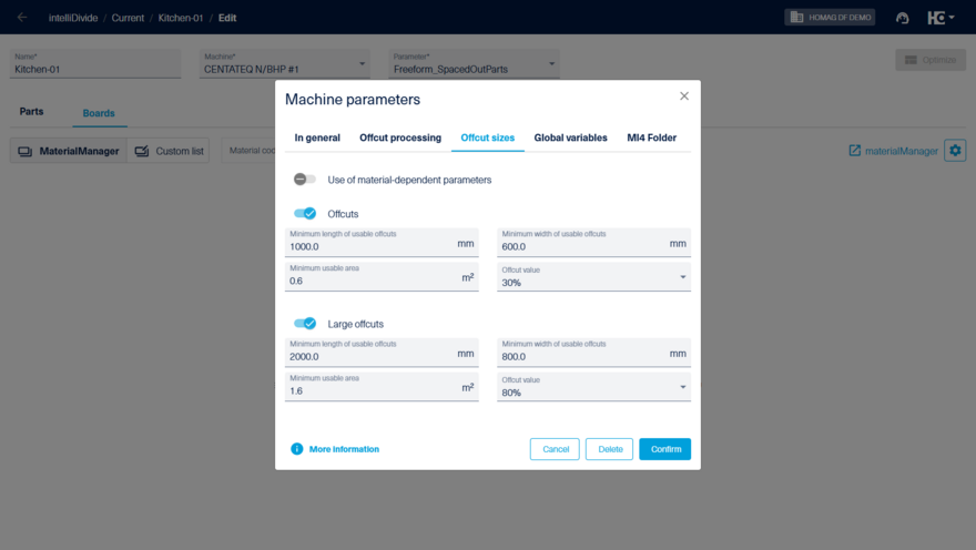 Setting the offcut sizes for nesting