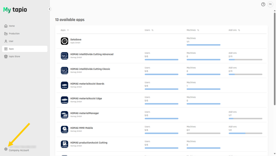 Access to the Company Account in My tapio