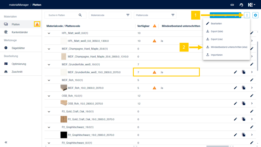 Export von Materialtypen, deren Mindestbestand unterschritten wurde