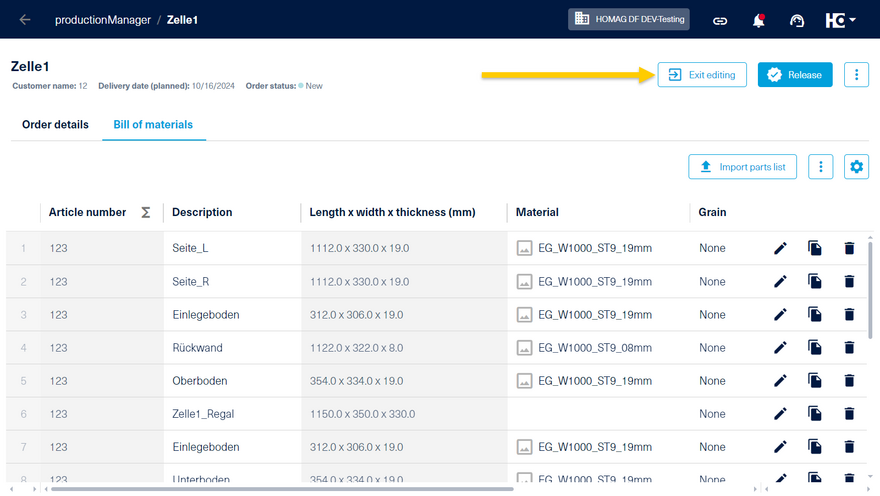 Exiting the editing mode in the parts list in productionManager