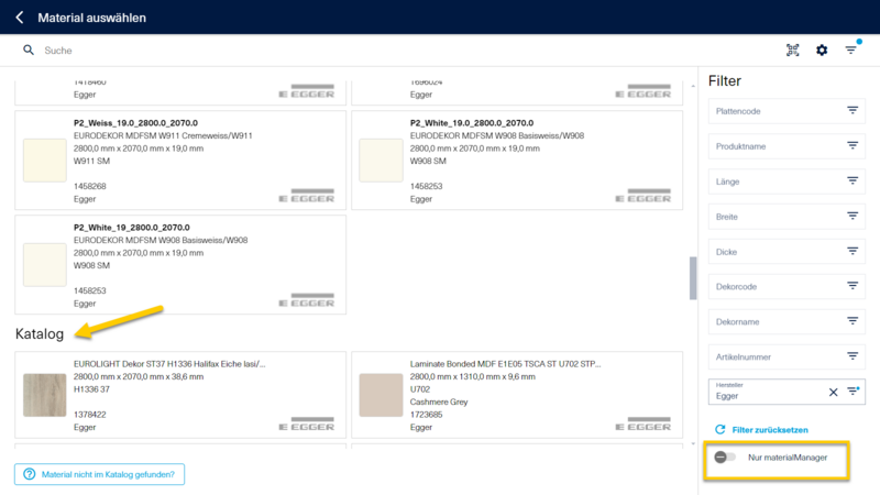 Mit dem Schieber "nur materialManager" individuell festlegen, ob im materialAssist die Katalogdaten angezeigt werden… 