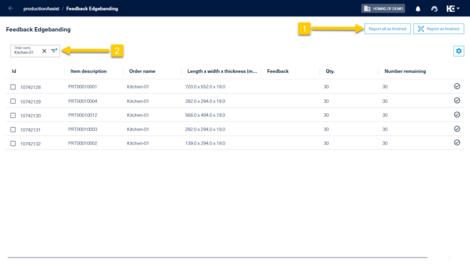 View of a productionAssist feedback workstation filtered on a customer order (2) with the new option to report all parts as finished. View of a productionAssist feedback workstation filtered on a customer order (2) with the new option to report all parts as finished.