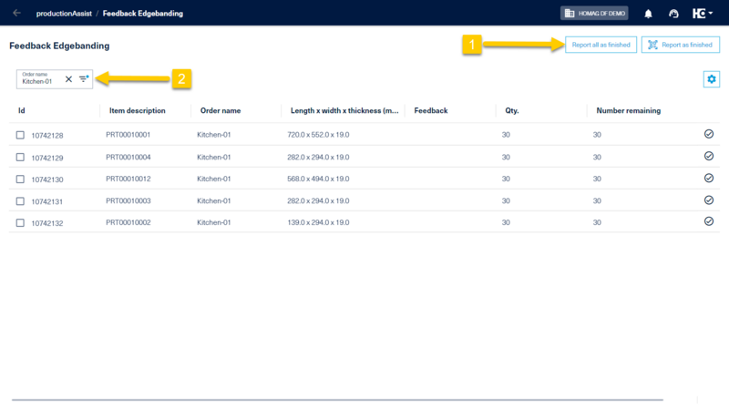 View of a productionAssist feedback workstation filtered on a customer order (2) with the new option to report all parts as finished.