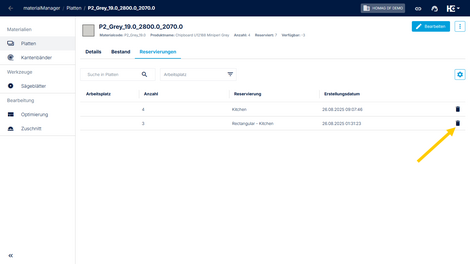 Nicht mehr benötigte Reservierungen löschen Sie über das Mülleimer-Symbol in der Zeile der betreffenden Reservierung.