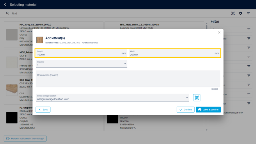 Adjust length and width before printing the label and registering the offcut