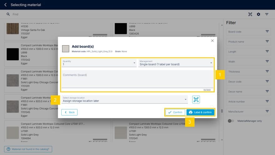Storage dialog for boards