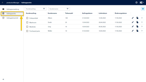Ansicht Auftragsarchiv