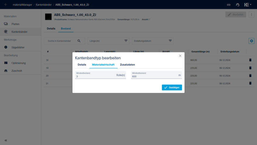 Materialwirtschaft eine Kantenbandtyps bearbeiten