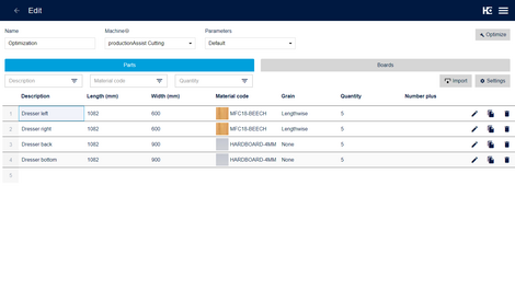 List of parts needed and their material.