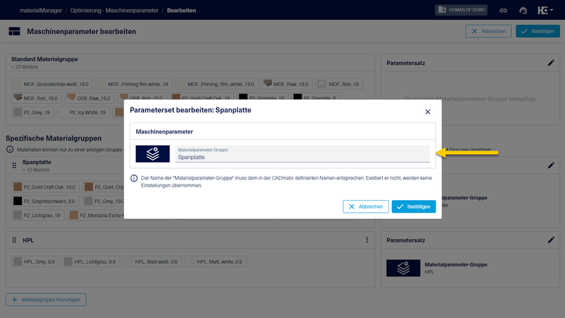Für jede Materialgruppe kann die in der CADmatic auf der Maschine definierte Materialparametergruppe hinterlegt werden.