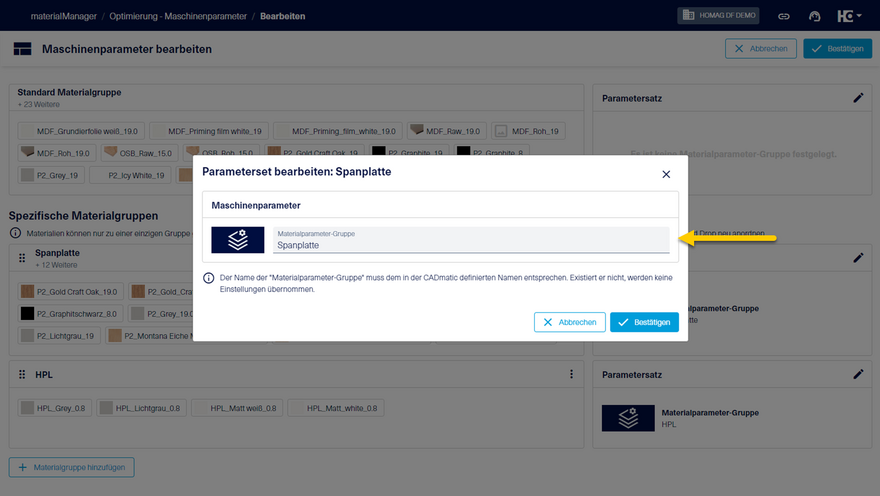 Hinterlegung der Materialparameter-Gruppe aus der CADmatic für eine Materialgruppe