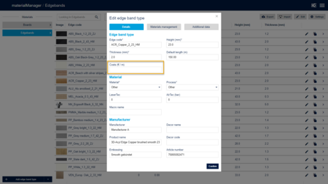 New field "Costs" for edgebands 