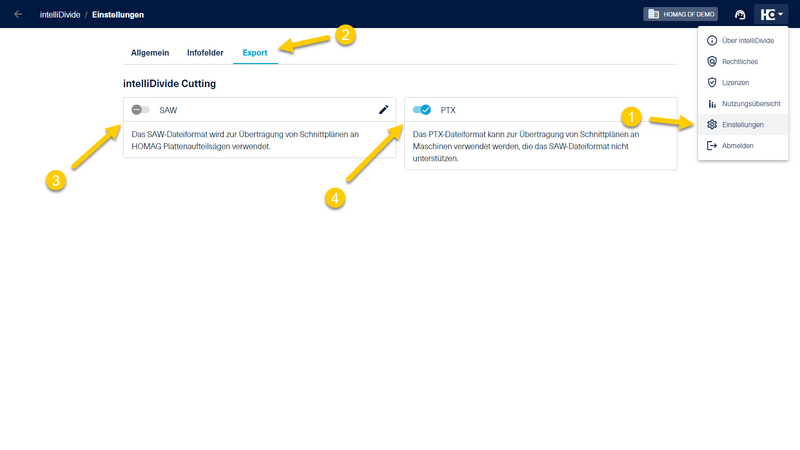 In den Export-Einstellungen im HOMAG-Menü kann die Ausgabe des PTX-Formats aktiviert werden.