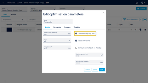 The "Extended computing time" option can be activated in the optimization parameters. The "Extended computing time" option can be activated in the optimization parameters.