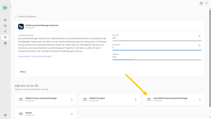 Wählen Sie in My tapio die SmartWOP Connect productionManager Option aus.