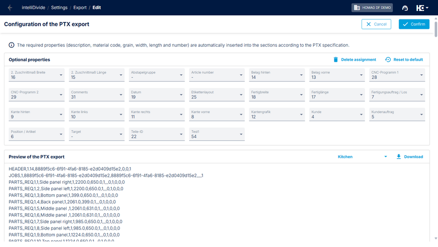 Configuration of  PTX Export for intelliDivide Cutting