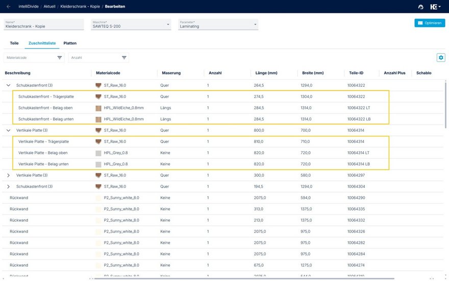 Darstellung der zusätzlichen Laminat-Bauteile in der Zuschnittliste.