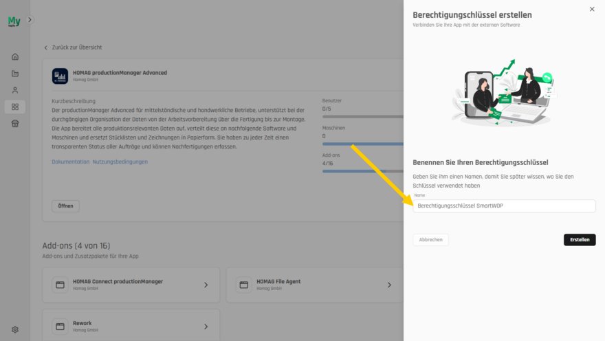 Vergeben Sie einen Namen und erstellen Sie anschließend den Berechtigungsschlüssel.