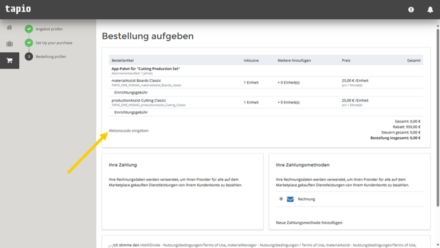Aktionscode eingeben
