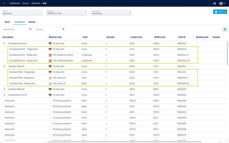 Display of additional laminate parts in the cutting list.
