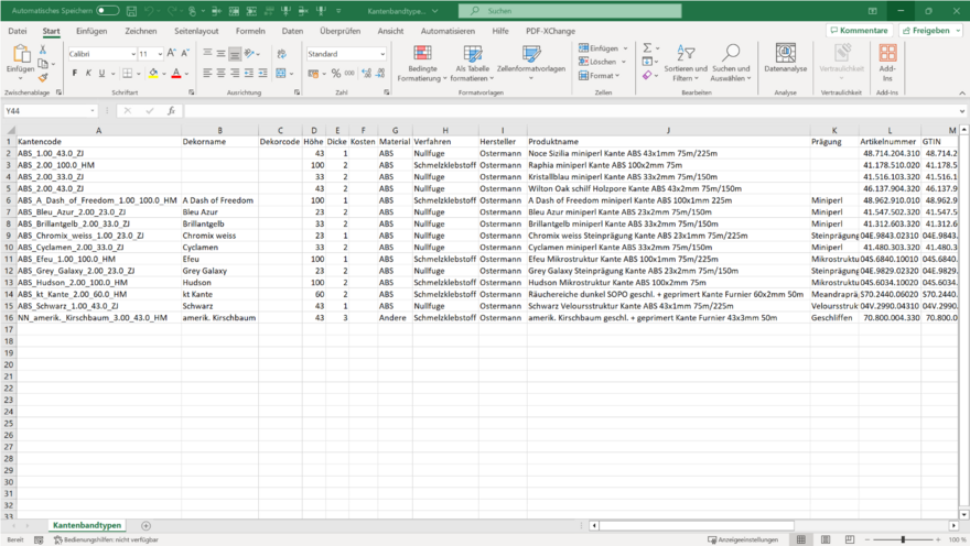 Export der Kantenbanddaten im CSV Format