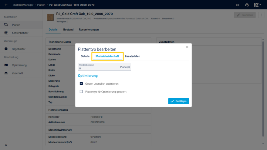 Materialwirtschaft eines Plattentyps bearbeiten